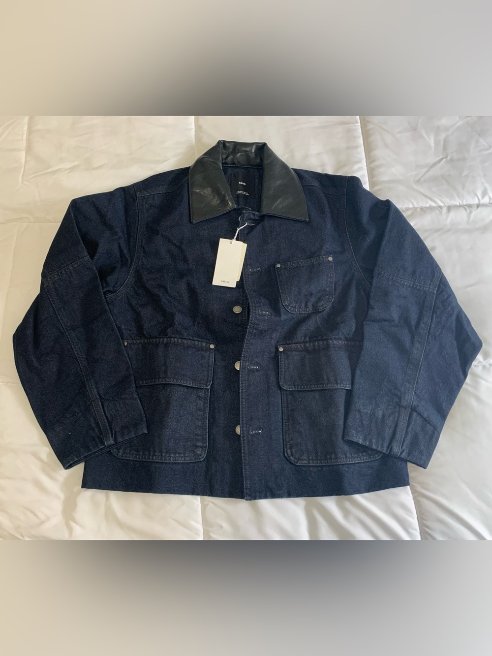 New Mango Denim Jacket with Faux-Leather Collar Size S